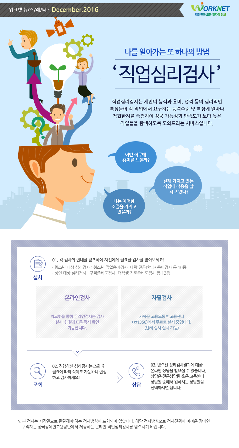 나를 알아가는 또 하나의 방법 직업심리검사 - 직업심리검사는 개인의 능력과 흥미, 성격 등의 심리적인 특성들이 각 직업에서 요구하는 능력수준 및 특성에 얼마나 적합한지를 측정하여 성공 가능성과 만족도가 보다 높은 직업들을 탐색하도록 도와드리는 서비스입니다