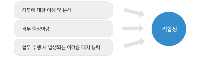 적합성 = 직무에 대한 이해 및 분석, 직무 핵심역량, 업무 수행 시 발생되는 어려움 대처 능력