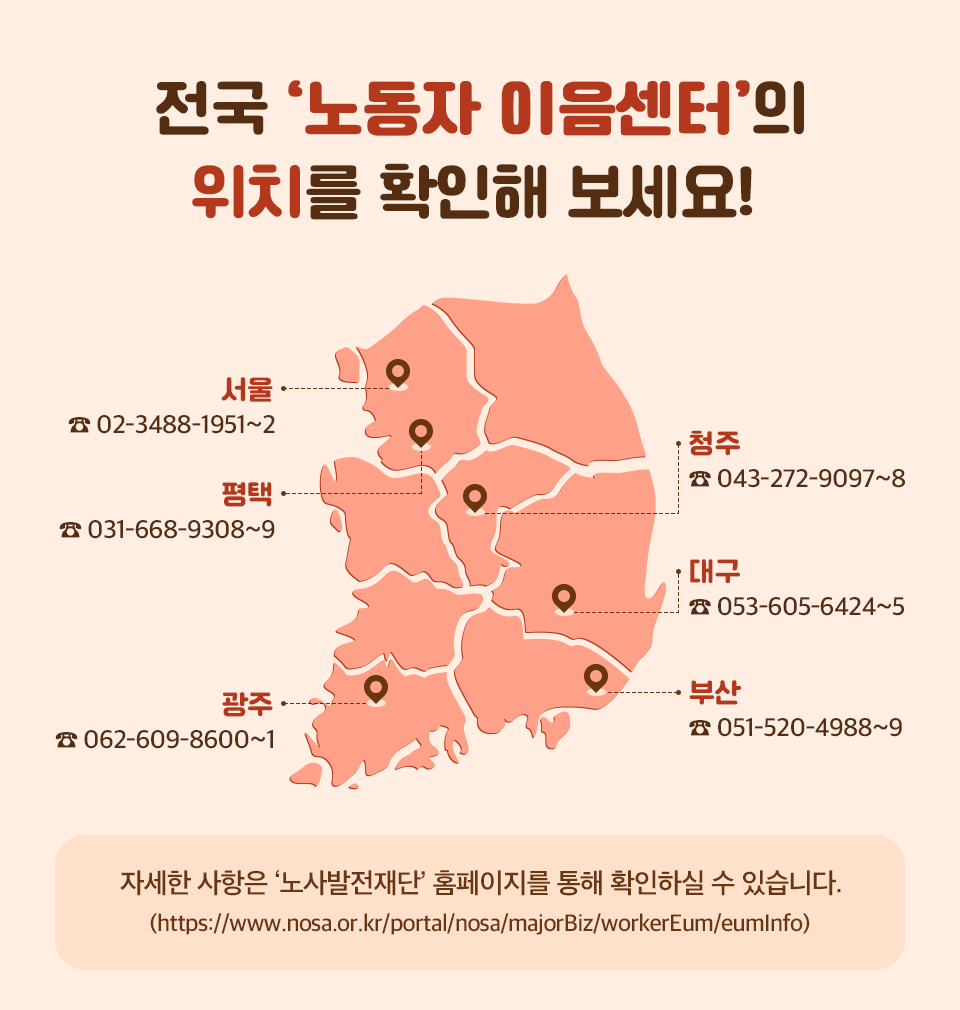 노동자 이음센터는 서울 평택 청주 대구 광주 부산 등 총 6개소로 운영되고 있으며 
자세한 사항은 노사발전재단의 홈페이지를 통해 확인하실 수 있습니다