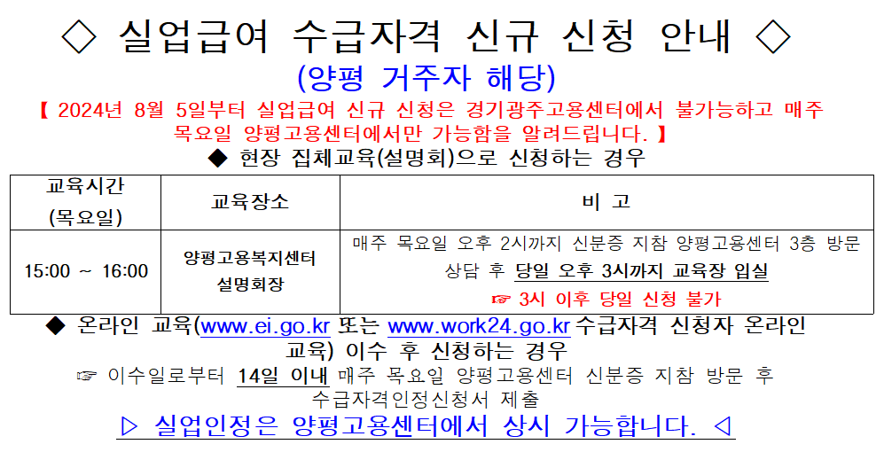 ◇ 실업급여 수급자격 신규 신청 안내 ◇(양평 거주자 해당)【 2024년 8월 5일부터 실업급여 신규 신청은 경기광주고용센터에서 불가능하고 매주 목요일 양평고용센터에서만 가능함을 알려드립니다. 】◆ 현장 집체교육(설명회)으로 신청하는 경우교육시간(목요일)교육장소비 고15:00 ~ 16:00양평고용복지센터설명회장매주 목요일 오후 2시까지 신분증 지참 양평고용센터 3층 방문상담 후 당일 오후 3시까지 교육장 입실☞ 3시 이후 당일 신청 불가◆ 온라인 교육(www.ei.go.kr 또는 www.work24.go.kr 수급자격 신청자 온라인 교육) 이수 후 신청하는 경우☞ 이수일로부터 14일 이내 양평고용센터 신분증 지참 방문 후 수급자격인정신청서 제출▷ 실업인정은 양평고용센터에서 상시 가능합니다. ◁